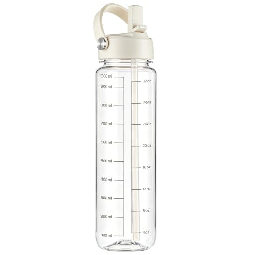 GOPPUS 32oz Clear White Water Bottle with Flip Straw, BPA-Free Tritan, Leakproof & Lightweight