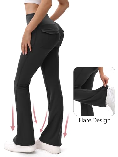 Women's High-Waisted Flare Leggings with Pockets - Large, Black/Navy Blue/Gray
