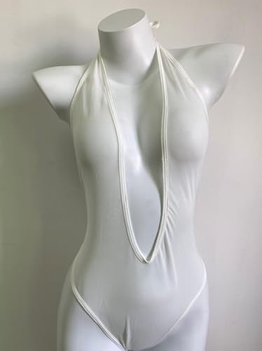JasmyGirls Sexy White One-Piece Swimsuit Bodysuit, Sheer Mesh, High Cut (Small-Medium)