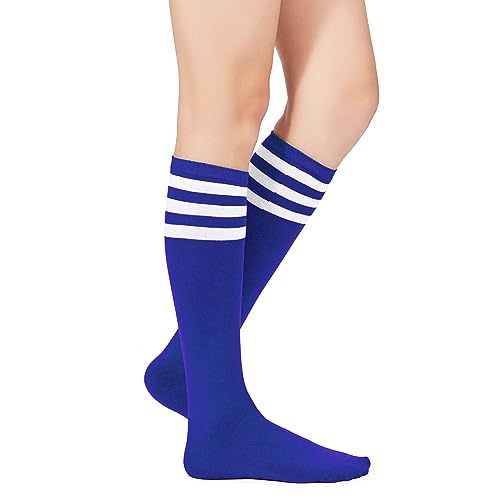 Knee High Striped Socks - Casual Athletic Tube Socks 2 Pack - Blue & White