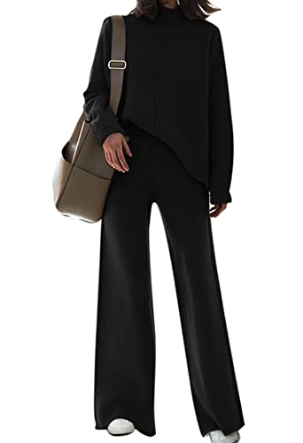 Fixmatti 2-Piece Knit Sweater Set - Turtleneck Top & Wide-Leg Pants Lounge Wear
