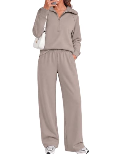 Sampeel Women's Cozy Two Piece Sweat Sets - Lounge Matching Clothing, Medium Coffegrey Pink