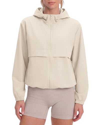Women's Lightweight Athletic Workout Hoodie - Full Zip Jacket, Medium Beige
