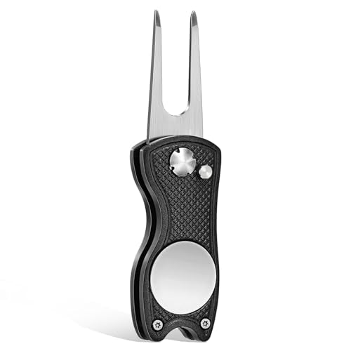 Foldable Golf Divot Repair Tool with Magnetic Ball Marker - Black