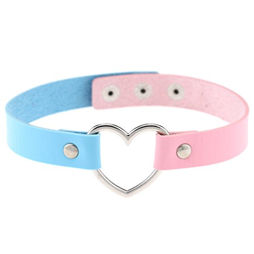 Girls Love Heart Choker Necklace - Pink & Light Blue PU Leather