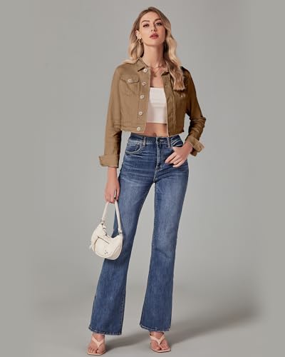 Luvamia X-Large Almond Brown Cropped Denim Jacket for Women Short Fitted Shacket