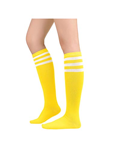 Knee High Sport Socks for Women - Long Stripes, One Size, Yellow & White