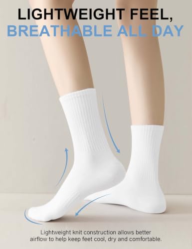 Womens Cotton Crew Socks - Thin Long Casual Workout - 5 Pairs White