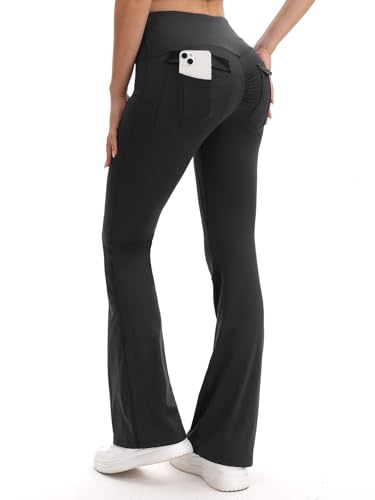 Women's High-Waisted Flare Leggings with Pockets - Large, Black/Navy Blue/Gray