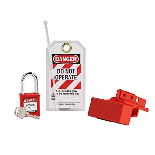 BRADY Lockout Tagout Kit for Industrial Forklift Safety. Electrical Battery Connector Lockout Device, 1 Red Safety Padlock, Loto Tag - 153676