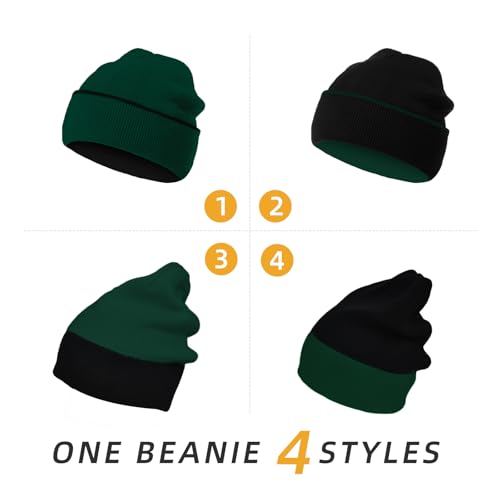 Unisex Reversible Winter Beanie - Knit Cuff Warm Hat - Black/Bright Green