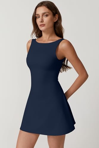 QINSEN Women's Open Back Tennis Dress Medium Navy Sleeveless Athletic Golf Dress with Pockets