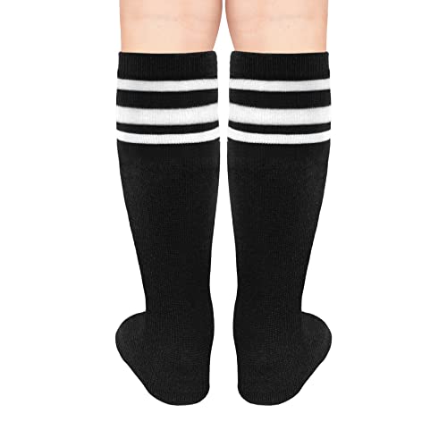 Kids Knee-High Soccer Socks with Stripes - Black/White, 3-6 Years