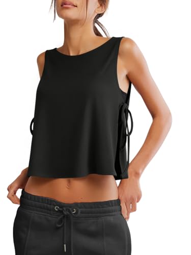 Women's Sleeveless Workout Tank Top with Side Tie - Black, Small