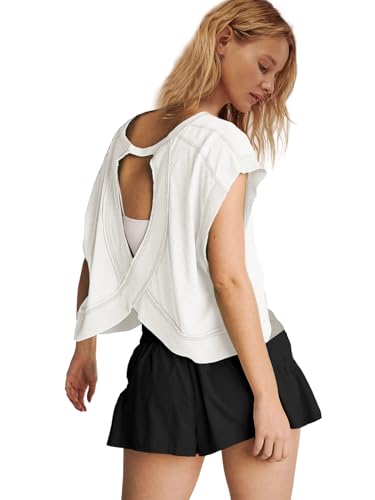 Open Back Workout Top for Women - Oversized Short Sleeve Crop Tee