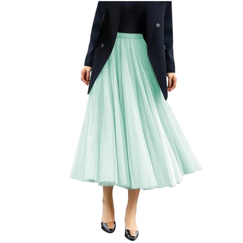 High Waist Pleated Maxi Skirt - Mint Green, A-Line Chiffon