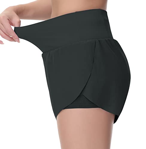 High Waisted Bermuda Shorts for Women - Long Workout Shorts - Large Dark Grey