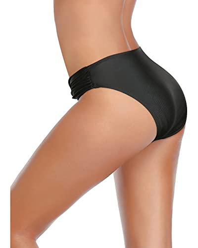 Women Twist Bikini Bottoms Medium Black Full Coverage Ruched Swimsuit - Tempt Me