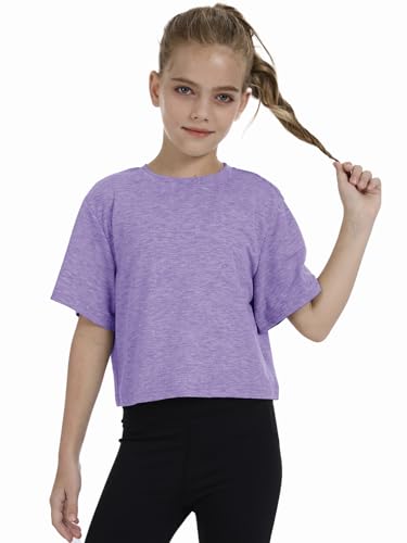 Girls Short Sleeve Crop Top - Athletic Crew Neck Basic Tee - Purple, 5-6Y