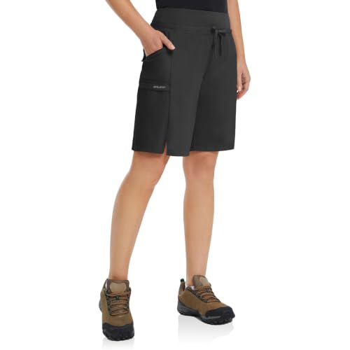 Baleaf Women's Hiking Bermuda Shorts Large 9 Inch Black Quick Dry Cargo with Pockets