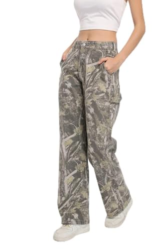 PinkyMoor Women Camouflage Cargo Pants XX-Large, Green – Straight Wide Leg Trousers with Pockets