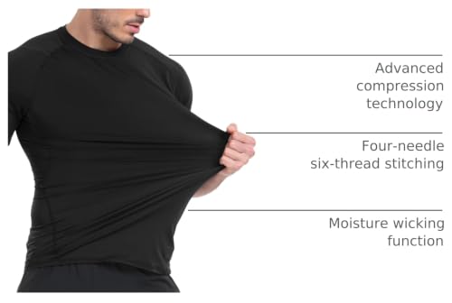HovSiyla Men's Compression Shirts Short Sleeve Baselayer 5 Pack Black Medium Workout