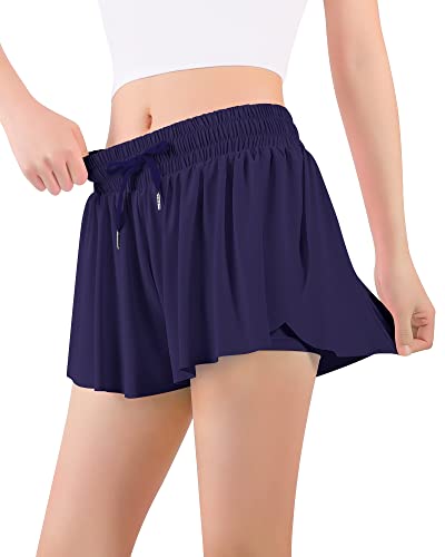 Butterfly Shorts for Girls - 2-in-1 Flowy Athletic Shorts with Pocket - Quick Dry, Navy, 9-10 Years