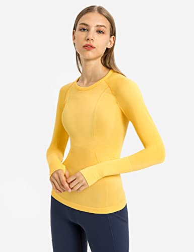 Women's Long Sleeve Yoga Shirt - Breathable Athletic Top, Large Yellow