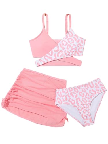 Girls 3-Piece Pink Leopard Swimsuit Set with Cover Up Skirt - Size 6-7 Years