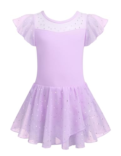Zaclotre Girls Ballet Leotard with Ruffle Sleeves & Sparkle - Light Purple 4-5T