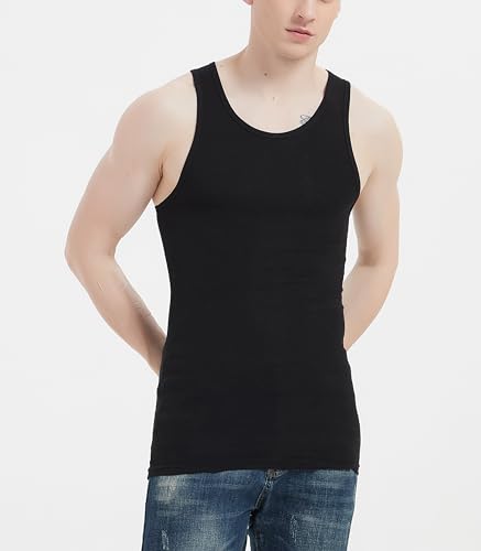 Comfneat Men's 6-Pack Tight Fit Cotton Tank Tops - Large, Black