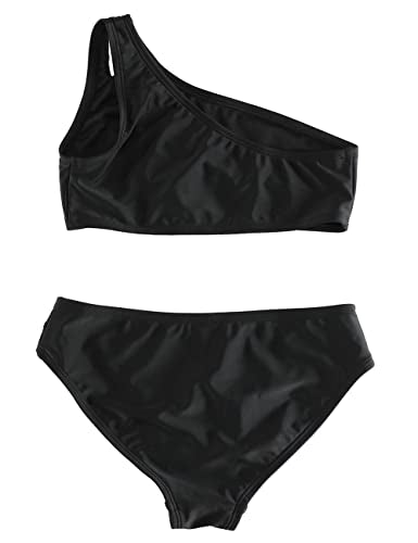 Girls One Shoulder Bikini Swimsuit - Solid Black, Size 8-10