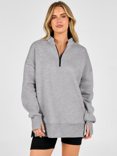 Oversized Quarter Zip Pullover Sweatshirt - Medium Grey