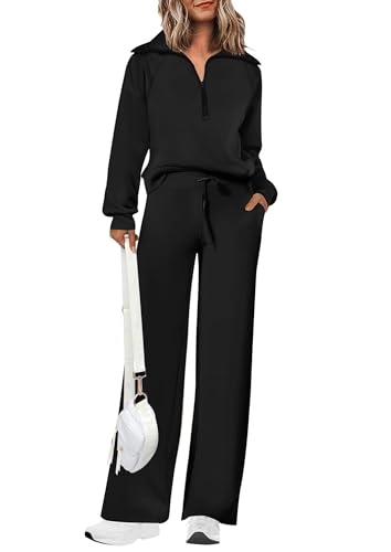 Women's 2 Piece Matching Lounge Set - Zip Up Sweatshirt, Wide Leg Pants - Medium Black