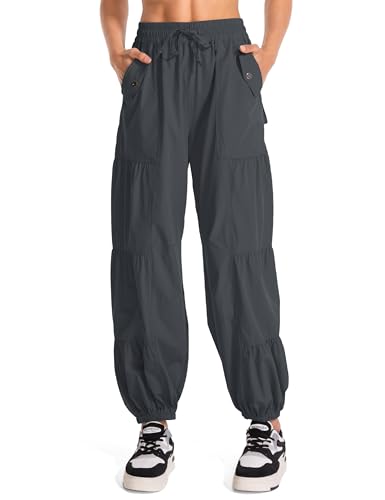 Cargo Pants for Women - Elastic Waist Wide Leg with 4 Pockets - Dark Grey, Medium