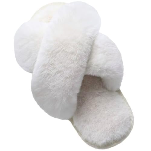 LightFun 4-5 Kid Beige Fuzzy Fur Slippers Open Toe Cross Band Flip Flops for Girls – Indoor/Outdoor