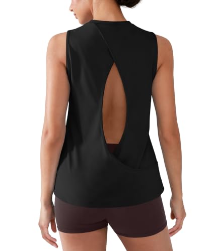 YIPINK Women's Cross Backless Sleeveless Workout Top, Medium, Black