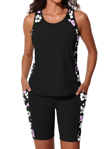 Tidal Hull Women's Tankini Swimsuit with Shorts - Light Purple Floral Print, Tummy Control