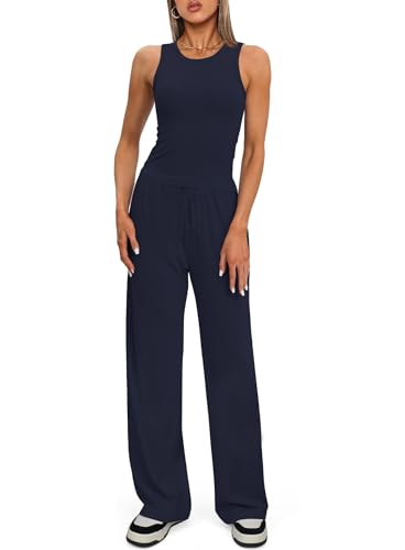 Darong Women's 2 Piece Summer Sleeveless Lounge Outfits Dark Blue, Inseam 30-31", Medium