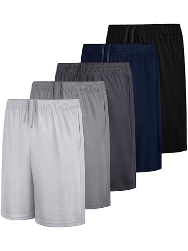 Boys Athletic Shorts - 5 Pack Dry-Fit with Pockets, X-Large - Black, Gray, Navy Blue