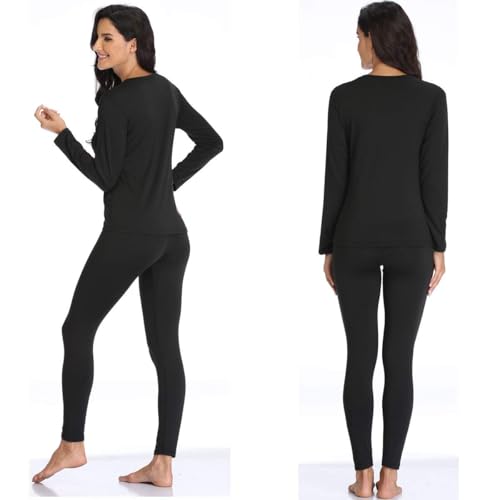 Women’s Thermal Long Johns Set Fleece Lined Winter Underwear Large Black