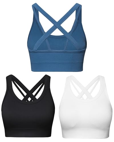 Nikuja High-Impact Sports Bra for Women - Criss-Cross Back, Padded Strappy, Black+White+Blue, Medium