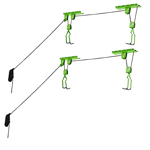Rad Sportz 2-Pack Bike Hanger Set with Overhead Pulley System, Neon Green