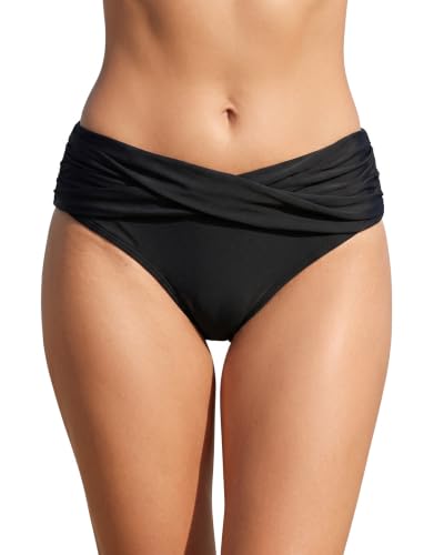 Women Twist Bikini Bottoms Medium Black Full Coverage Ruched Swimsuit - Tempt Me