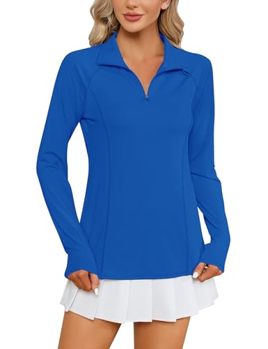 LOMON Women's Long Sleeve Sun Protection Hiking Shirt with Quarter Zip - Royal Blue, Medium