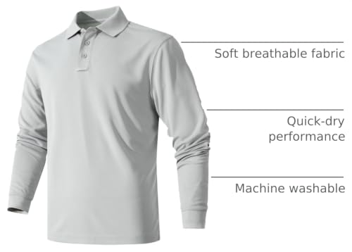 Men's Long Sleeve Quick-Dry Tactical Golf Shirt - Light Gray, Small