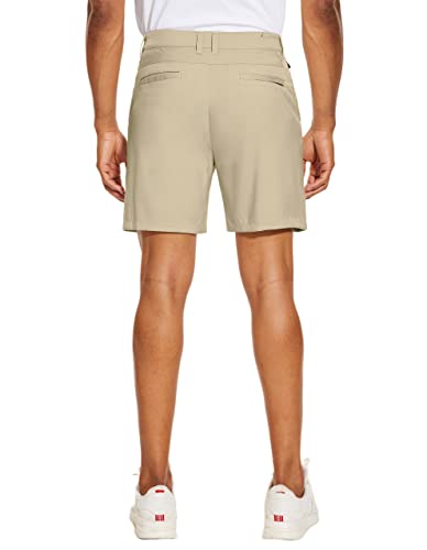 Men's Golf Dress Shorts - Flat Front Hybrid 7 Inch, Khaki - 5 Pockets