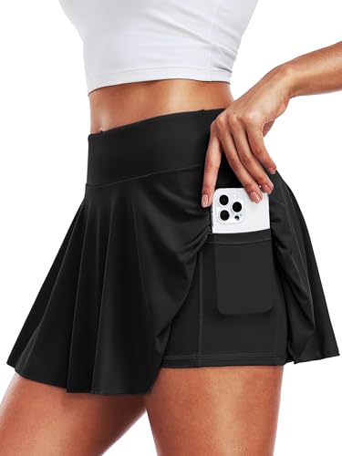 High Waisted Women's 2 in 1 Athletic Shorts Golf Skorts with Pockets - Black, Large