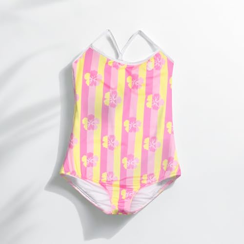 Girls One-Piece Swimsuit - Tropical Print, Quick-Drying - Pink/Yellow