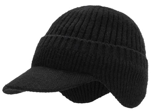 Warm Beanie Hat with Earflap and Visor - One Size, Black